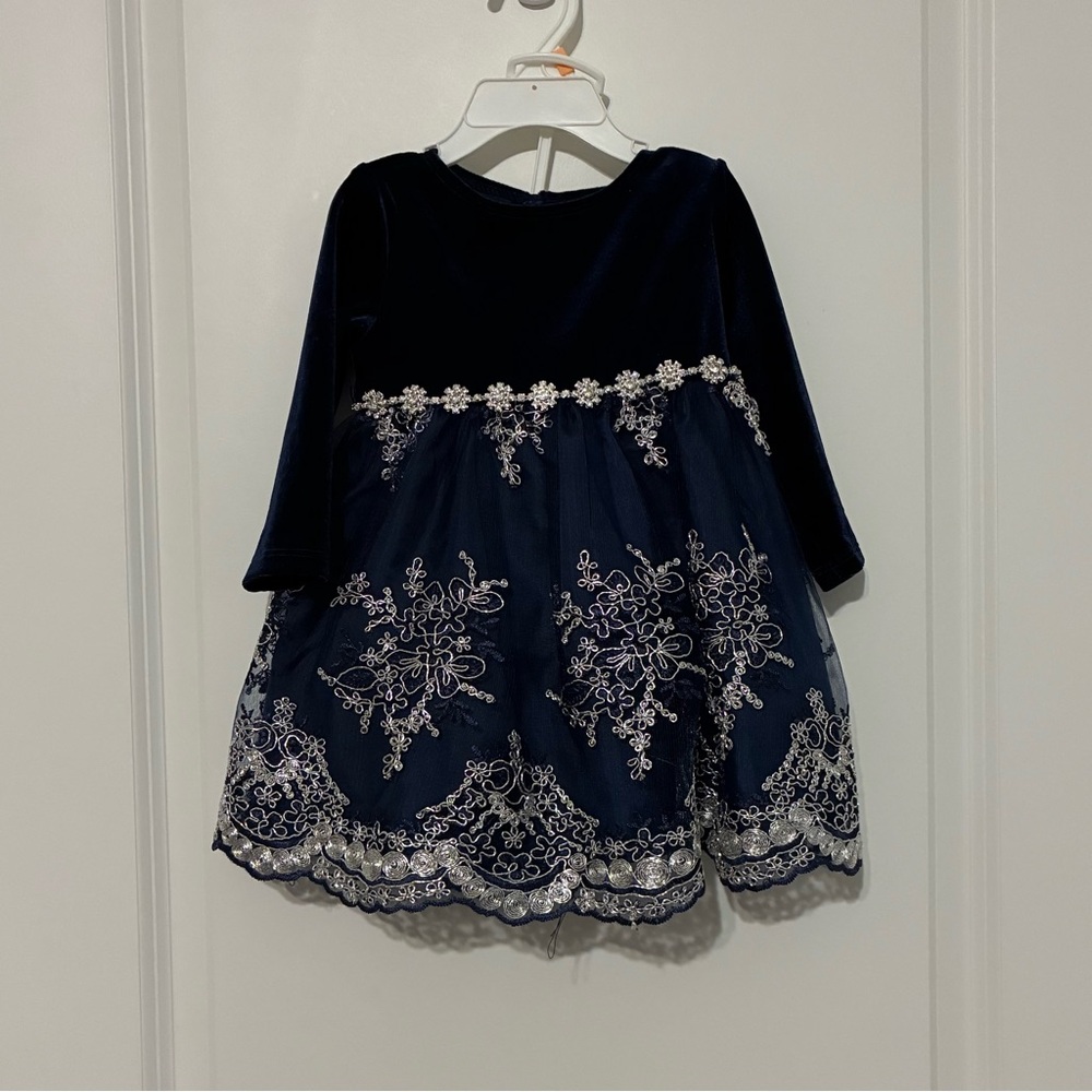 Elegant Navy Blue Dress with Silver Embroidery Embellishments Girl size 12 Month